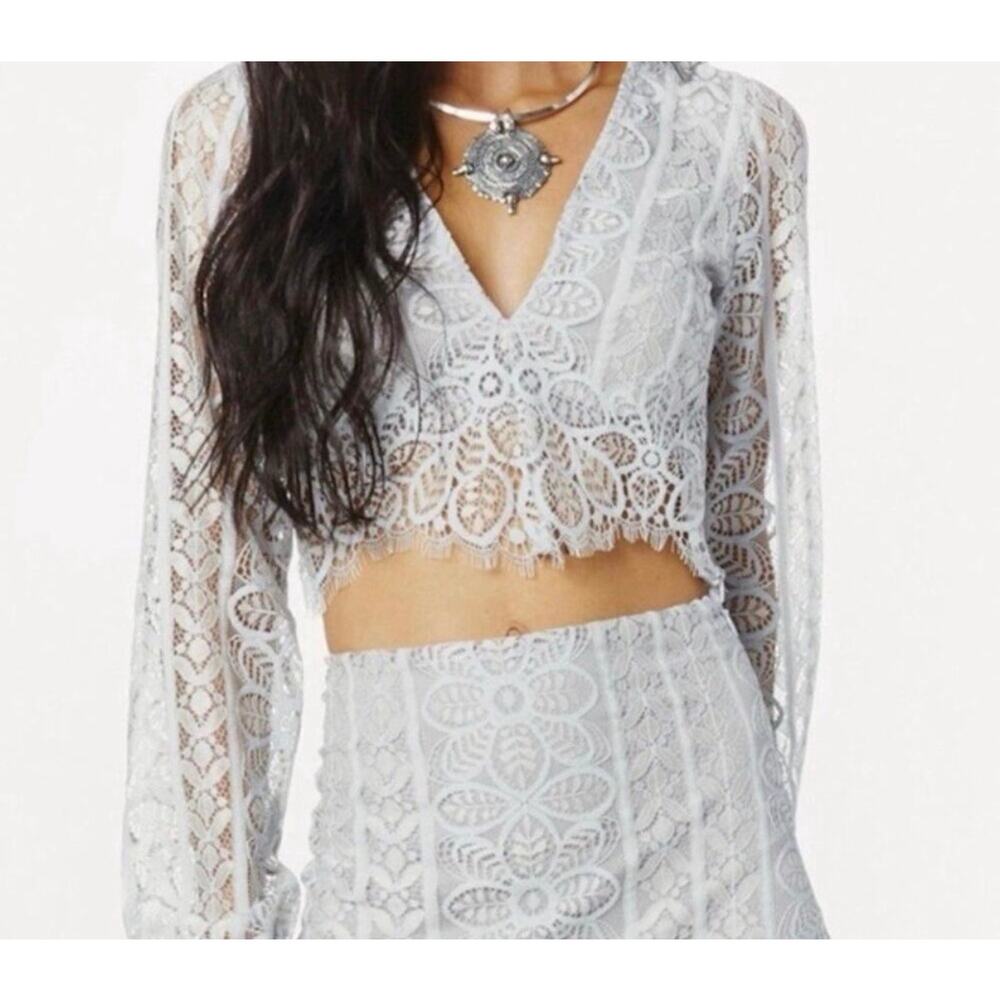 For Love And Lemons Lyla Lace Cropped Blouse Gray Medium